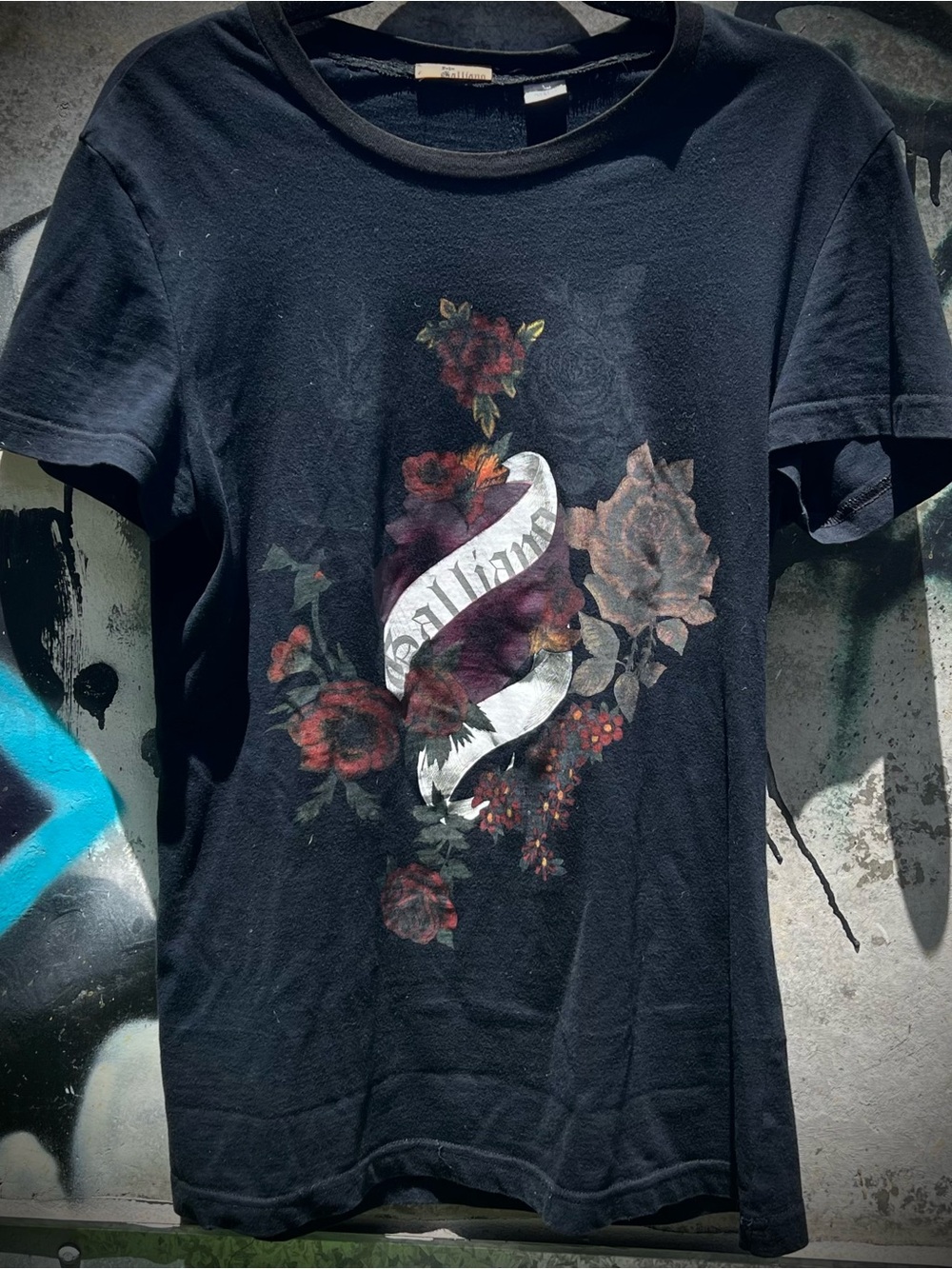 Vintage Authentic John Galliano Black Tattoo Floral Print Graphic Tee
